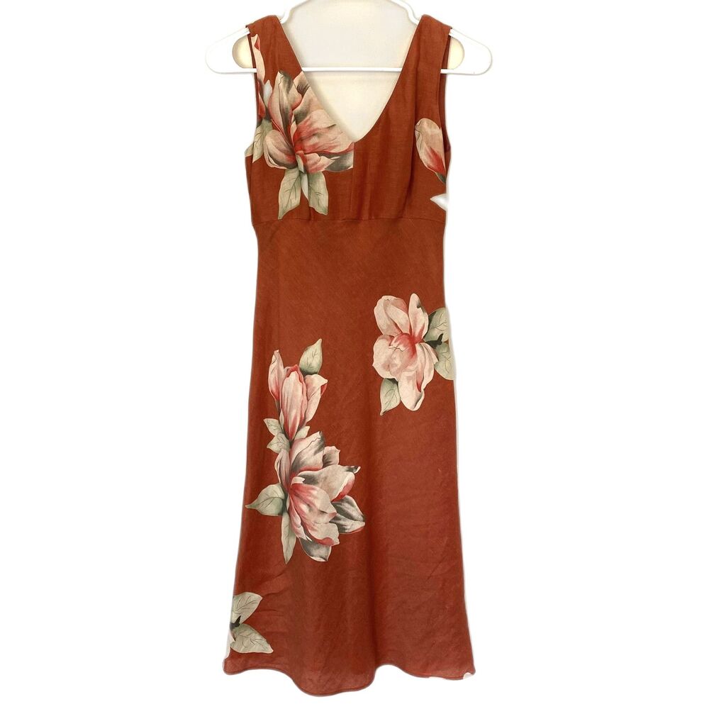 Banana Republic Linen Silk Floral V-Neck Dress Rust Orange Vintage Size 2